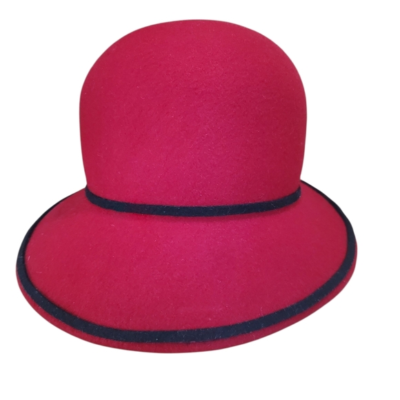 Liz Claiborne Red Wool Cloche Hat with Black Trim. - Picture 2 of 12